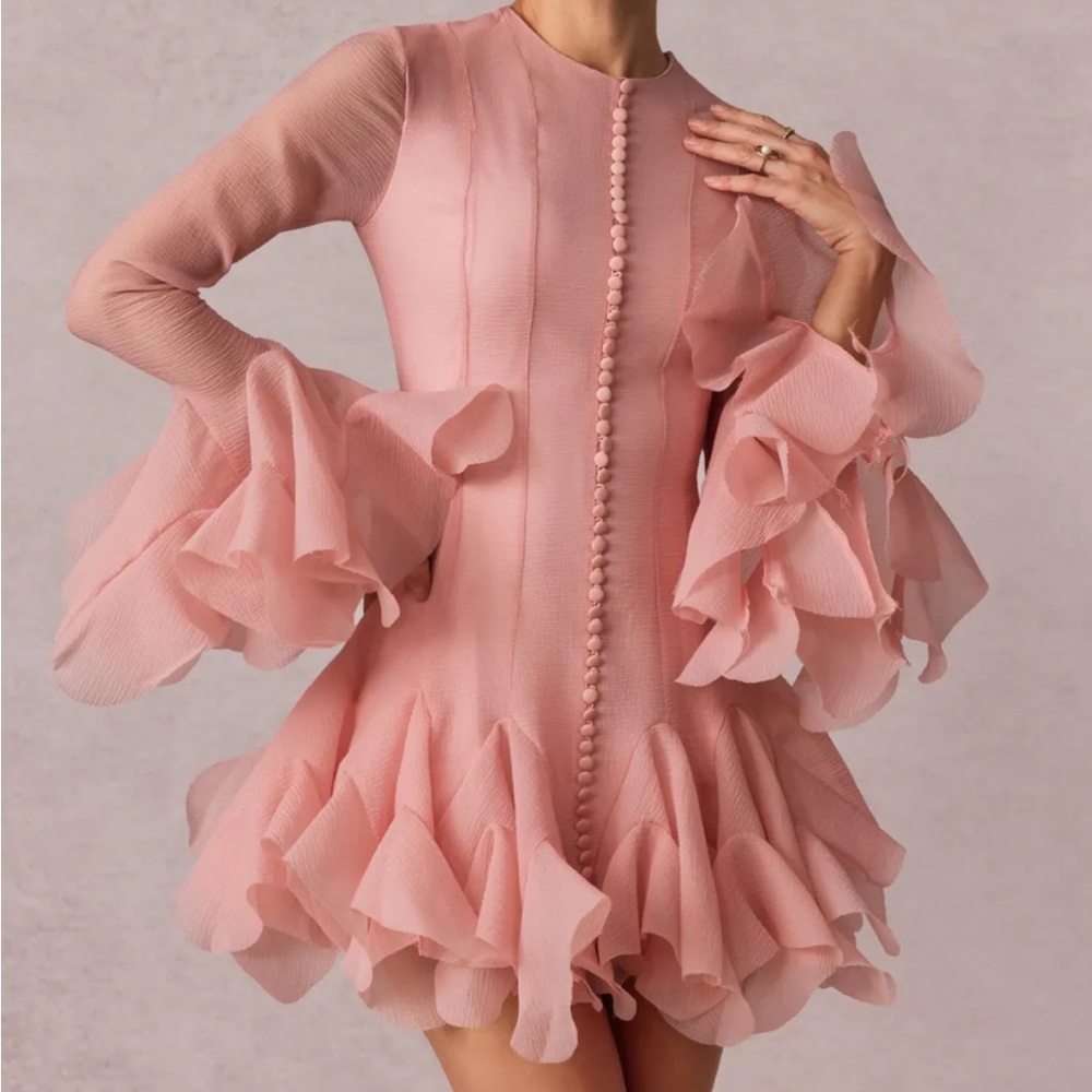 Luciére Pink Chiffon Mini Dress Long Flare Sleeve Ruffle Button Zip S